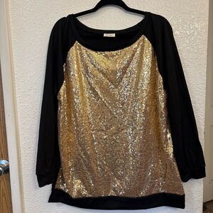 BIBI Black & Gold Sequin Top Women's 2XL Raglan Long‎ Sleeve